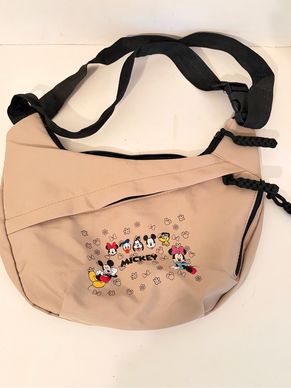 Large Tan Adjustable Sling Bag with Disney Characters & Mickey